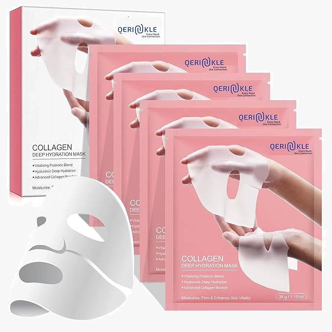 QERINKLE Deep Hydration Collagen Mask with Hyaluronic Acid - Pack of 4